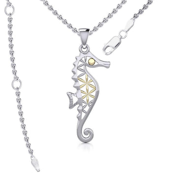 Silver and Gold Accent Flower of Life Seahorse Pendant and Chain Set MSE976 - Jewelry